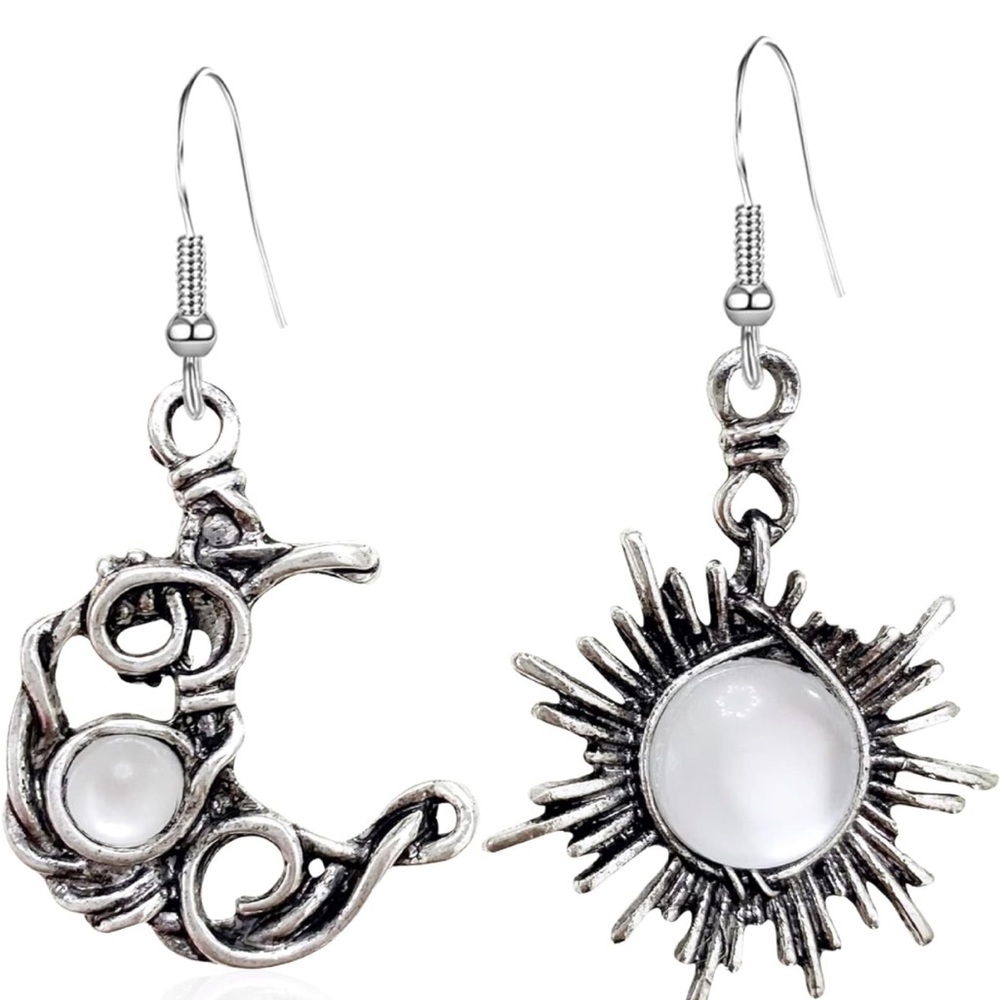 Vintage Boho Opal Sun and Moon Drop Dangle Earrings Moonstone Natural Stone Hook